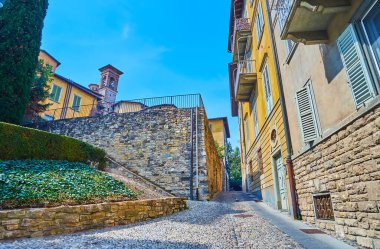 Giardino del vicolo Aquila Nera bahçesi, Via dei Rivola, Bergamo, İtalya 'daki Boxwood çalılarının arkasındaki Domus Romana arkeolojik alanının taş köşkü.