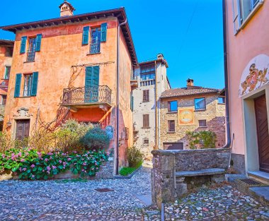 Via San Salvatore 'da, önünde Bergenia çiçekleri ve yemyeşil çalılar olan eski deniz mavisi evler, Ciona, Carona, Ticino, İsviçre