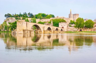 The view of the medieval landmarks of Avignon - Pont Saint-Benezet, city wall, Papal Palace and bell tower of Notre Dame des Doms Cthedral across the Rhone River, France clipart