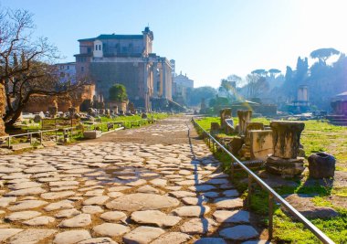 Roma Forum arkeoloji sahasındaki antik Roma çakıl taşı kaldırımı, Roma, İtalya