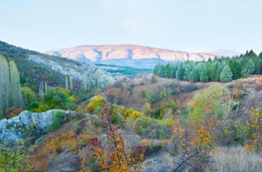 The beautiful mountain lanscape with rocky mountains and colorful autumn forest near the suburb of Veles, North Macedonia clipart