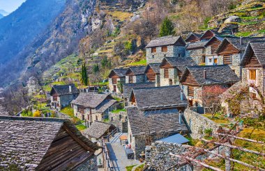 Brontallo, klasik taş evler, Lepontine Alpleri ve geleneksel taş çatıları, Val Lavizzara, Vallemaggia, Ticino, İsviçre manzaralı bir köy.