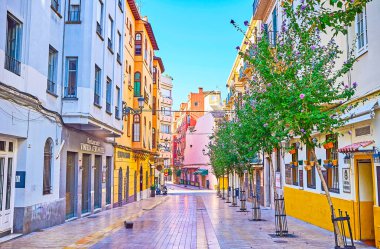 Malaga, İspanya - 26 Eylül 2019: Calle Carcer 'ın kafeler, barlar, dükkanlar ve hediyelik eşya tezgahlarıyla dolu eski konutu, 26 Eylül' de Malaga 'da