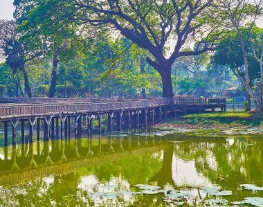Eski kereste köprüsü ve yayılan htanaung (acacia löcophloea) ağacı Yangon, Myanmar manzaralı Kandawgyi Gölü seti boyunca günlük hoş yürüyüş.