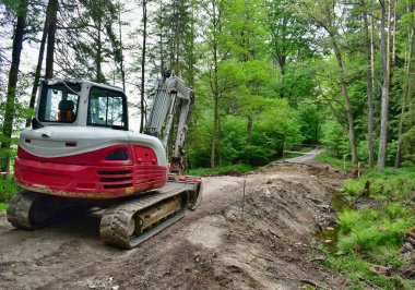 Kazıcı, Çek Cumhuriyeti 'nin Güney Bohemya kentindeki bir orman yolunda köprü onarıyor.