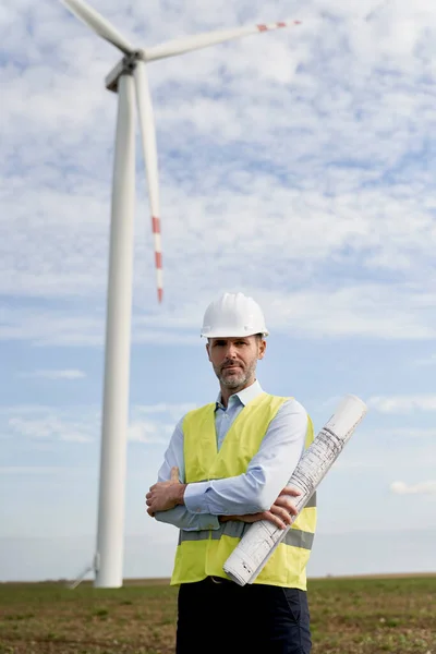 Portrait Caucasian Engineer Holding Paper Project While Standing Wind Turbine — Stock Photo, Image