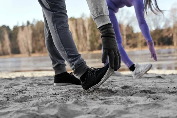 Legs Unrecognizable Caucasian Couple Warming Outdoors Winter — Stock Photo, Image