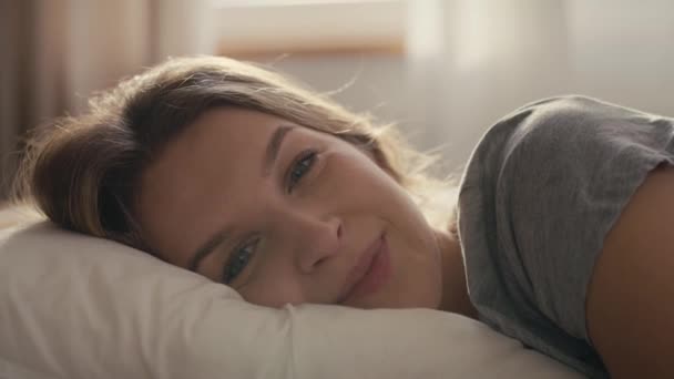 Caucasian Woman Lying Bed Morning Looking Camera — Stock Video