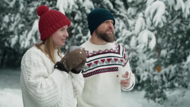 Caucasian Couple Drinking Hot Tea Talking Together Winter Time Shot — Stockvideo