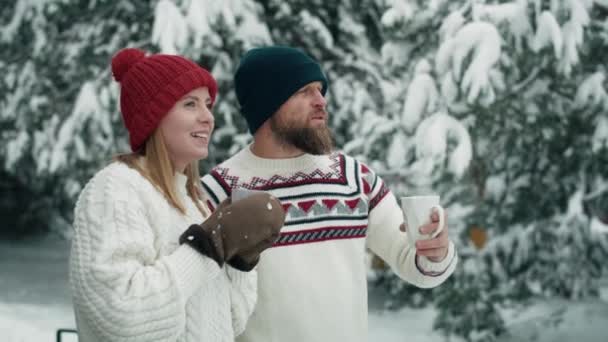 Caucasian Couple Drinking Hot Tea Talking Together Winter Time Shot — Video Stock