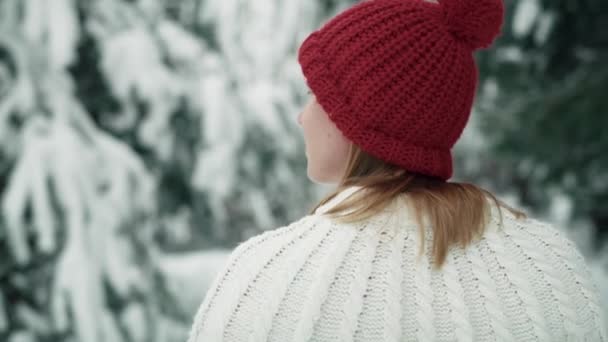 Caucasian Woman Wearing Red Hat Walking Snowing Forest Shot Red — Vídeo de Stock
