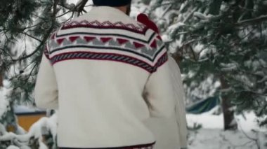Rear view of couple walking into the forest in winter. Shot with RED helium camera in 8K. 