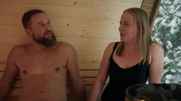 Caucasian Adult Couple Enjoying Sauna Winter Shot Red Helium Camera — Stockvideo