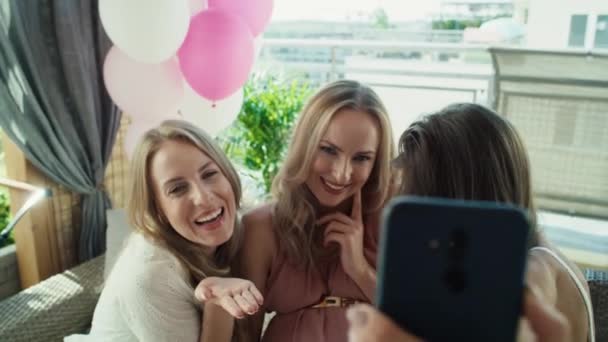 Group Adult Women Make Selfies Baby Shower Shot Red Helium — Stockvideo
