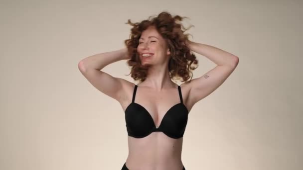 Smiling Caucasian Red Head Woman Dancing Underwear Studio Shot Red — Stok video