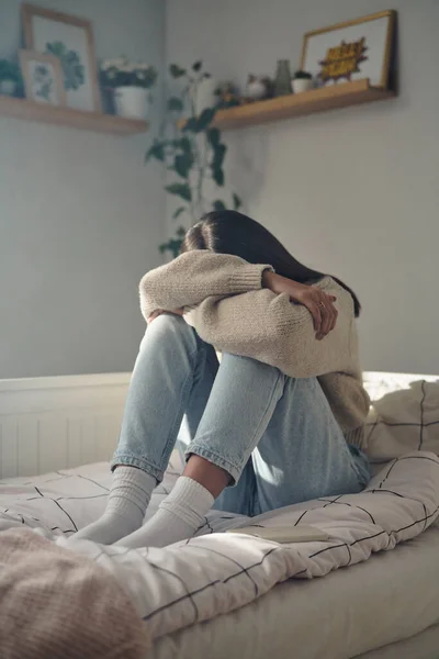 Pensive Caucasian Teenage Girl Sitting Bed Head Hidden Legs — Stock Photo, Image