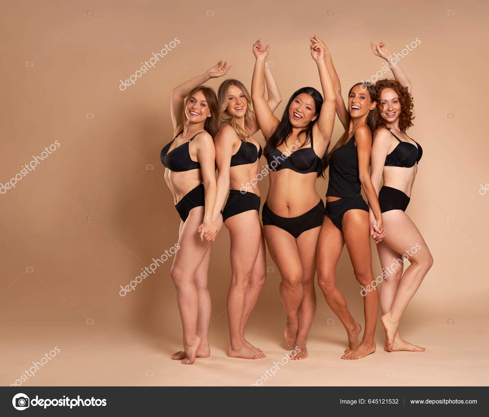 Group Cheerful Women Black Underwear Standing Smiling Camera Stock