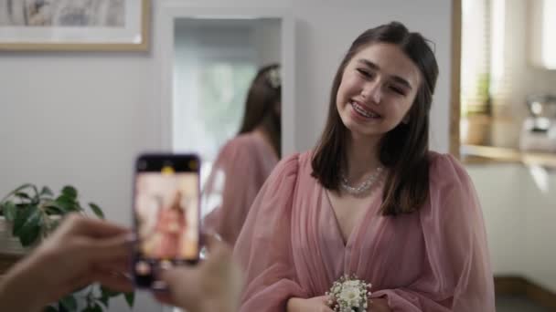 Mother Taking Checking Picture Her Daughter Dress Prom Party Shot — Stock Video