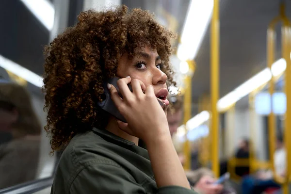 Young Afro Woman Traveling Underground Talking Mobile Phone — Stock Photo, Image