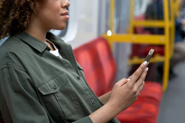 Unrecognizable Woman Traveling Underground Browsing Mobile Phone — Stock Photo, Image