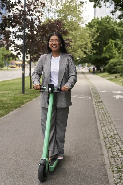 Vertical Image Chinese Business Person Riding Push Scooter — Stock Photo, Image