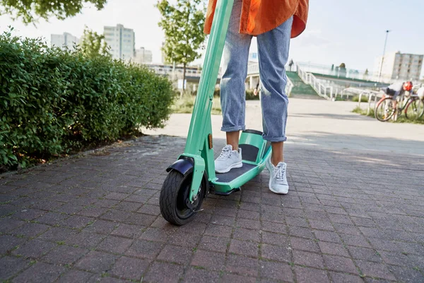 Lower Section Unrecognizable Person Riding Push Scooter — Stock Photo, Image