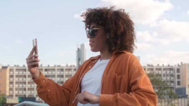 Schwarze Frau Steht Auf Der Brücke Und Hat Einen Videoanruf — Stockvideo