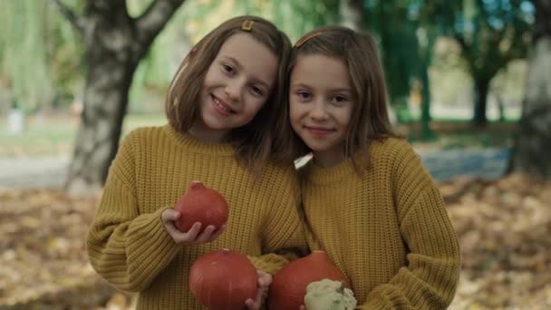 Tweelingen Staan Met Kleine Pompoenen Halloween Opgenomen Met Red Helium — Stockvideo