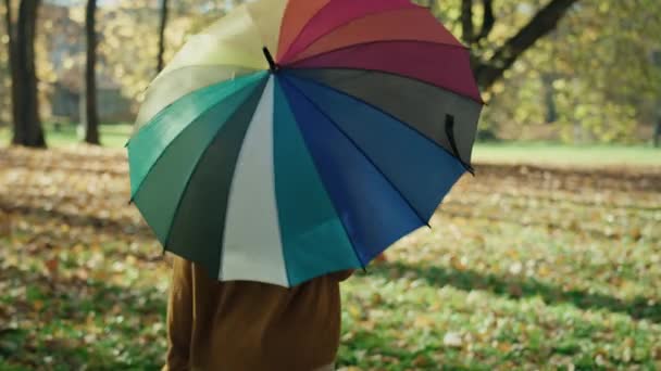 Kaukasische Frau Mit Buntem Regenschirm Spaziert Durch Den Herbstlichen Park — Stockvideo