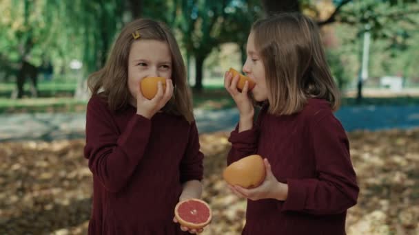 Duas Irmãs Caucasianas Comendo Laranjas Toranja Outono Tiro Com Câmera — Vídeo de Stock