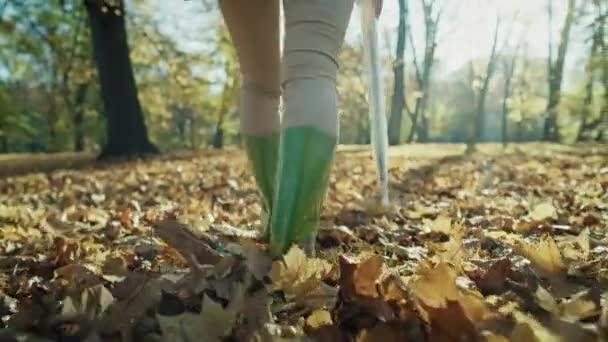 Χαμηλό Τμήμα Των Γυναικείων Ποδιών Φορώντας Μπότες Βροχής Περπατώντας Στο — Αρχείο Βίντεο