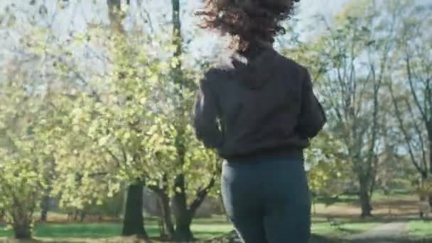 Vista Trasera Mujer Pelirroja Corriendo Parque Otoño Fotografía Con Cámara — Vídeos de Stock