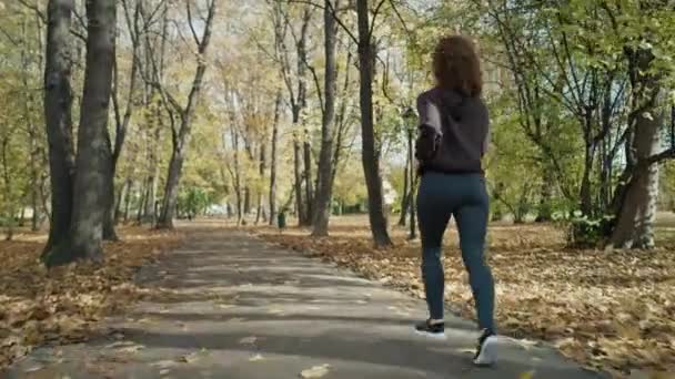 Rear View Ginger Woman Running Park Autumn Shot Red Helium — Stock Video