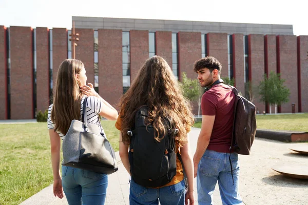 三位在大学校园里散步的高加索学生的回顾 — 图库照片