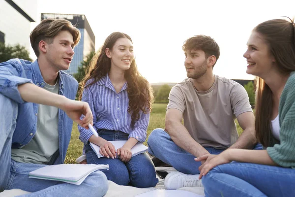 草の上に座りながら大学の外で学ぶ白人学生のグループ — ストック写真