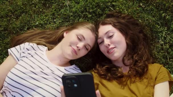 携帯電話で芝生の上に寝そべっている親友のトップビュー 8Kでレッドヘリウムカメラで撮影 — ストック動画