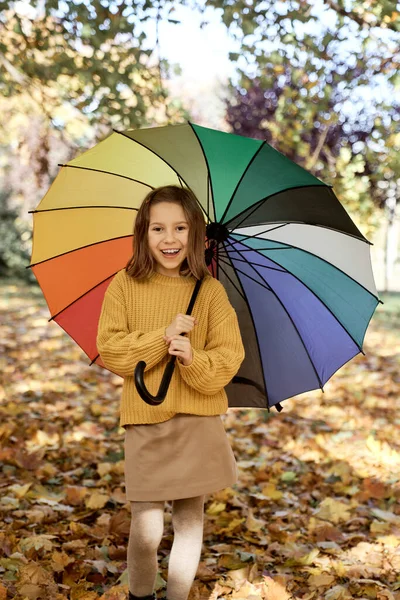 公园里拿着一把彩色雨伞的高加索女孩的画像 — 图库照片