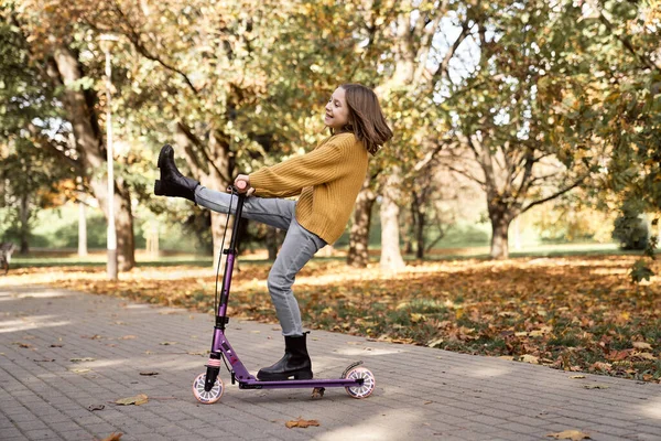 Caucasian Child Having Fun Woods While Driving Push Scooter — Stock Photo, Image
