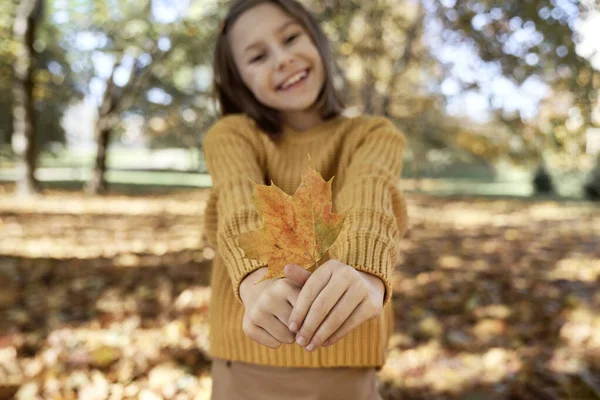 秋を手に白人の少女 — ストック写真