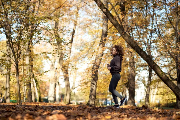 Beyaz Bir Kadının Sonbaharda Parkta Koşarken Geniş Açılı Görüntüsü — Stok fotoğraf