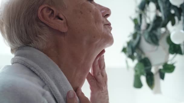 Großaufnahme Einer Seniorin Die Ihren Hautzustand Badezimmerspiegel Überprüft Aufnahme Mit — Stockvideo