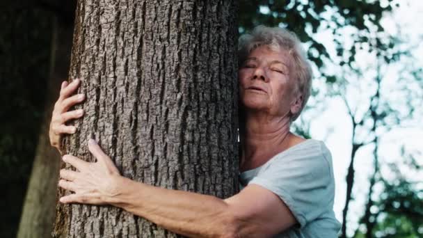 Ruhige Seniorin Beim Atemgymnastik Neben Dem Baum Park Aufnahme Mit — Stockvideo