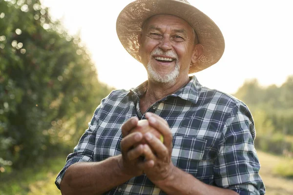 Portrét Staršího Farmáře Držícího Ruce Jablko — Stock fotografie
