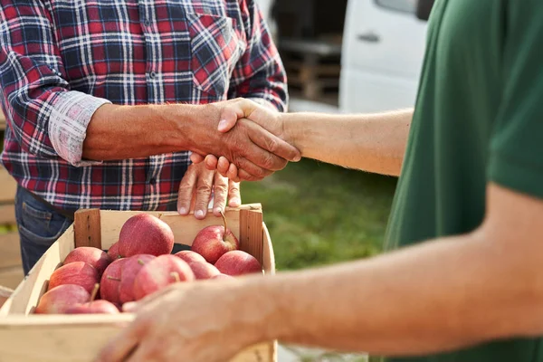 Handshake Unrecognizable Orchard Senior Farmer Sales Representative — Stock Photo, Image