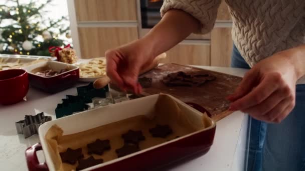 Kaukasisk Kvinne Forbereder Baker Pepperkaker Til Jul Skutt Med Red – stockvideo