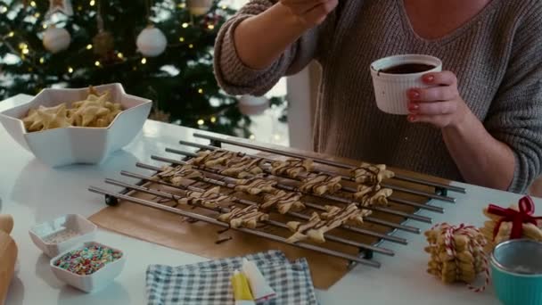 Mujer Irreconocible Decorando Galletas Navidad Con Glaseado Chocolate Fotografía Con — Vídeos de Stock