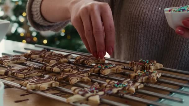 Onherkenbare Vrouw Die Kerstkoekjes Versiert Met Suikerhagelslag Opgenomen Met Red — Stockvideo