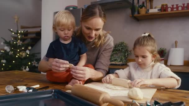 Vrouw Haar Kinderen Bakken Kerstkoekjes Opgenomen Met Red Helium Camera — Stockvideo