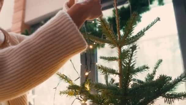 Χαρούμενη Γυναίκα Που Στολίζει Χριστουγεννιάτικο Δέντρο Φώτα Πυροβολήθηκε Κόκκινη Κάμερα — Αρχείο Βίντεο
