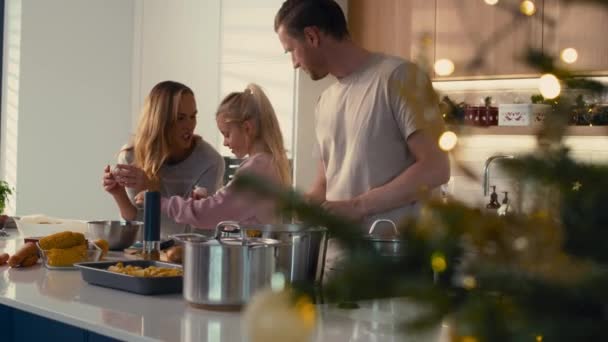 Noel Den Önce Kişilik Beyaz Bir Aile Yemek Hazırlıyor Kırmızı — Stok video